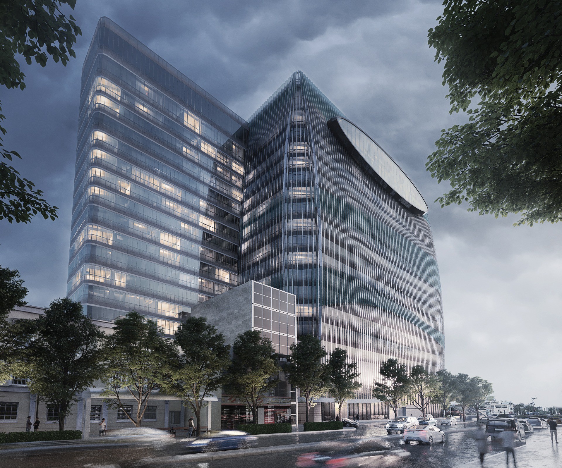 Urban office tower visualisation at night